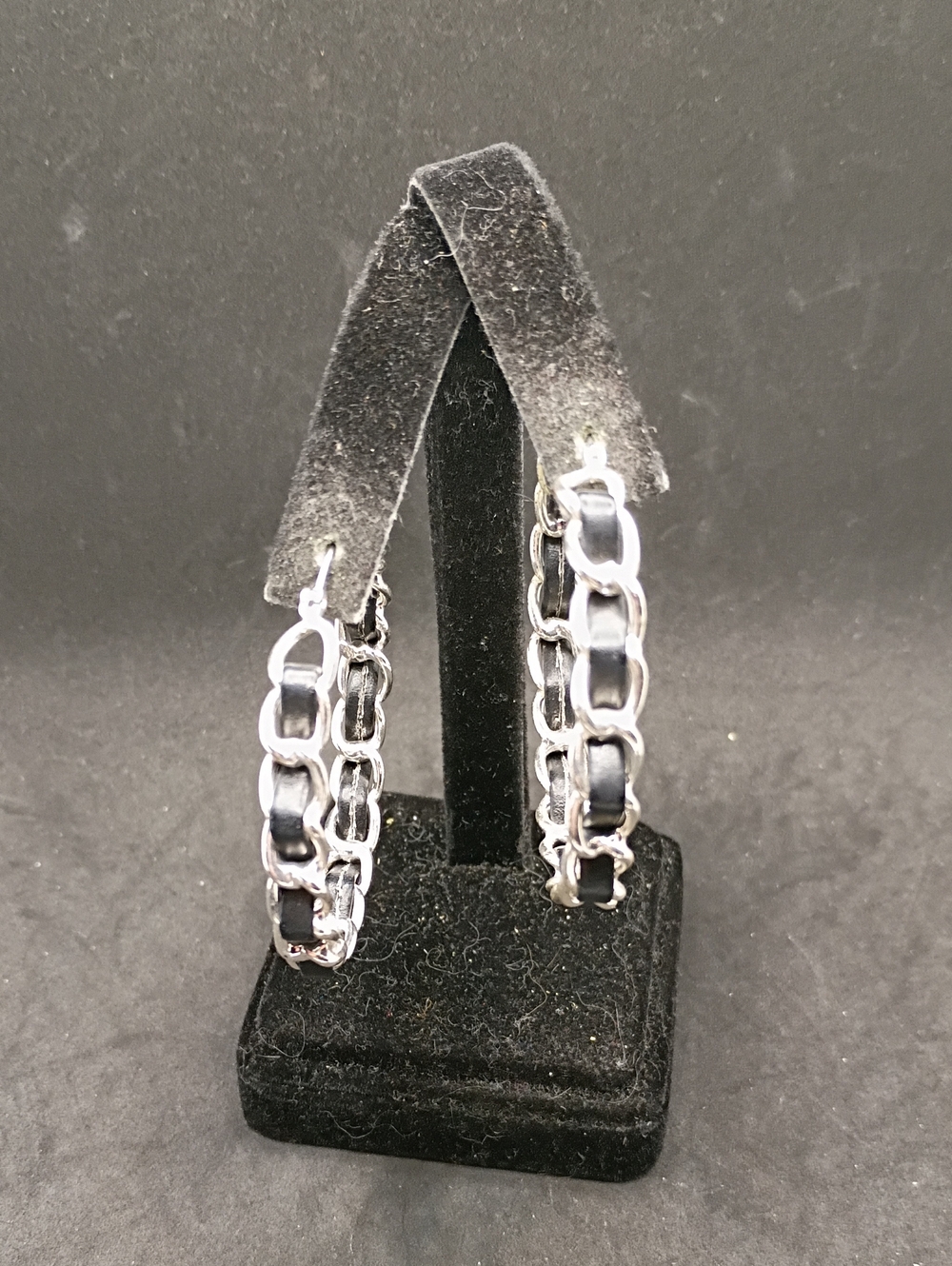 Silver Chain Hoop Earrings with Black Inlay